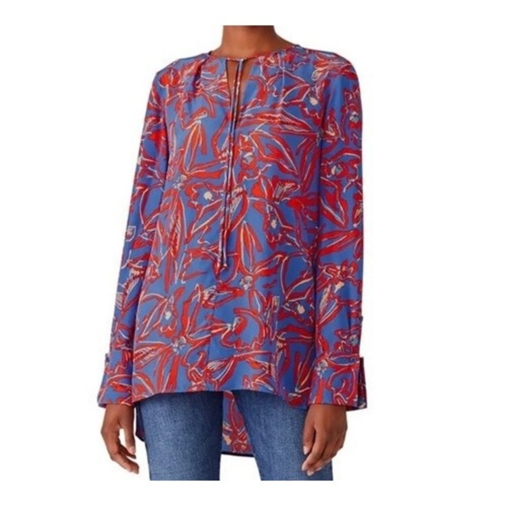 Diane von Furstenberg Silk Floral Keyhole Blouse Blue Red Size 4 DVF‎ Tunic